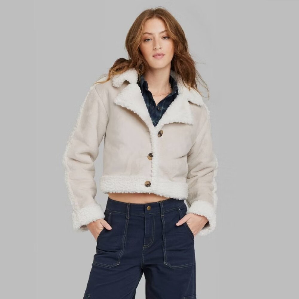 new Size XXL Wild Fable Women's IVORY Button-Up Winter Faux Shearling Jacket